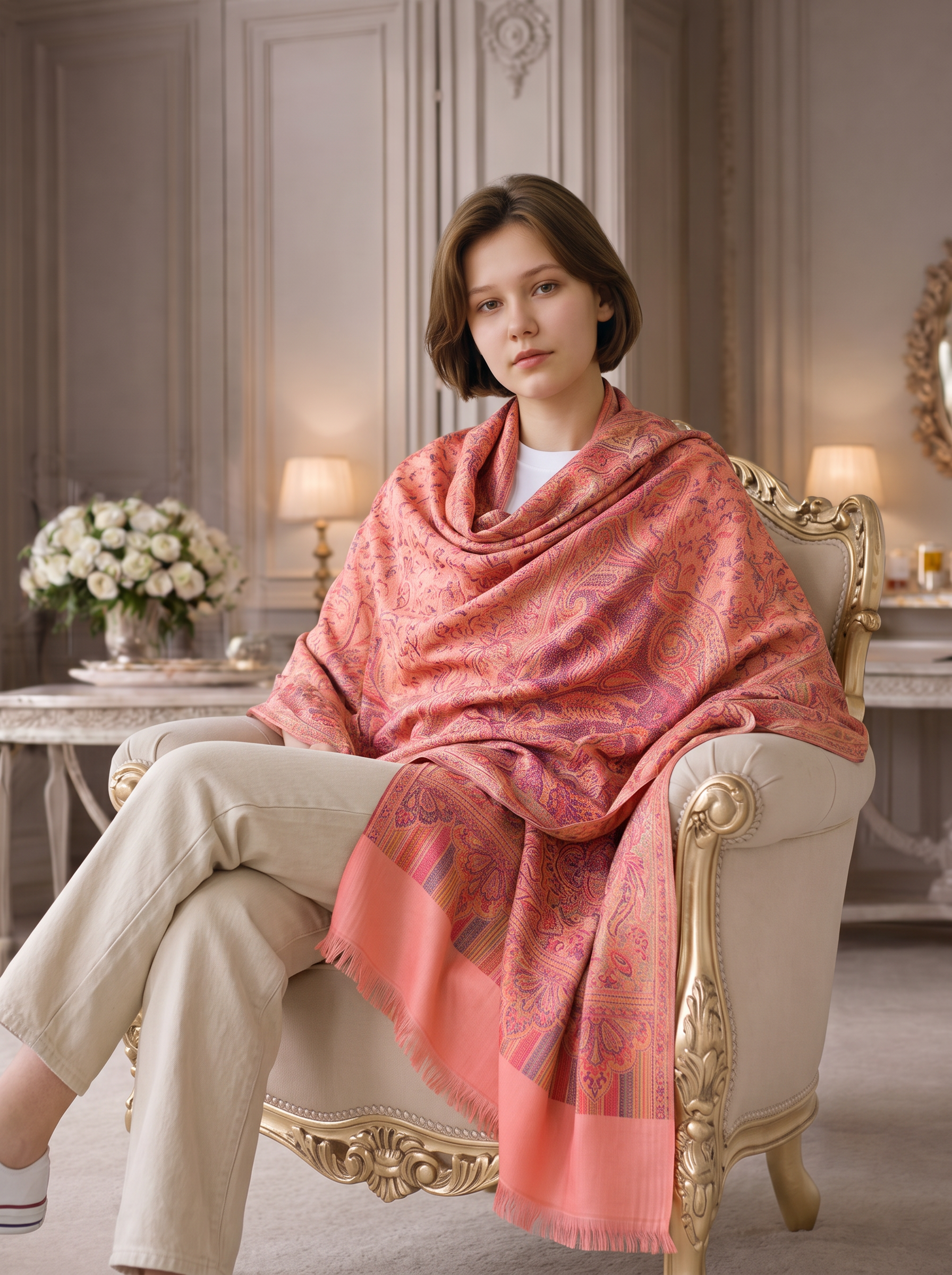 Noori Couture pastel pink pashmina shawl with intricate paisley pattern and fringe, draped over a woman in a chair.