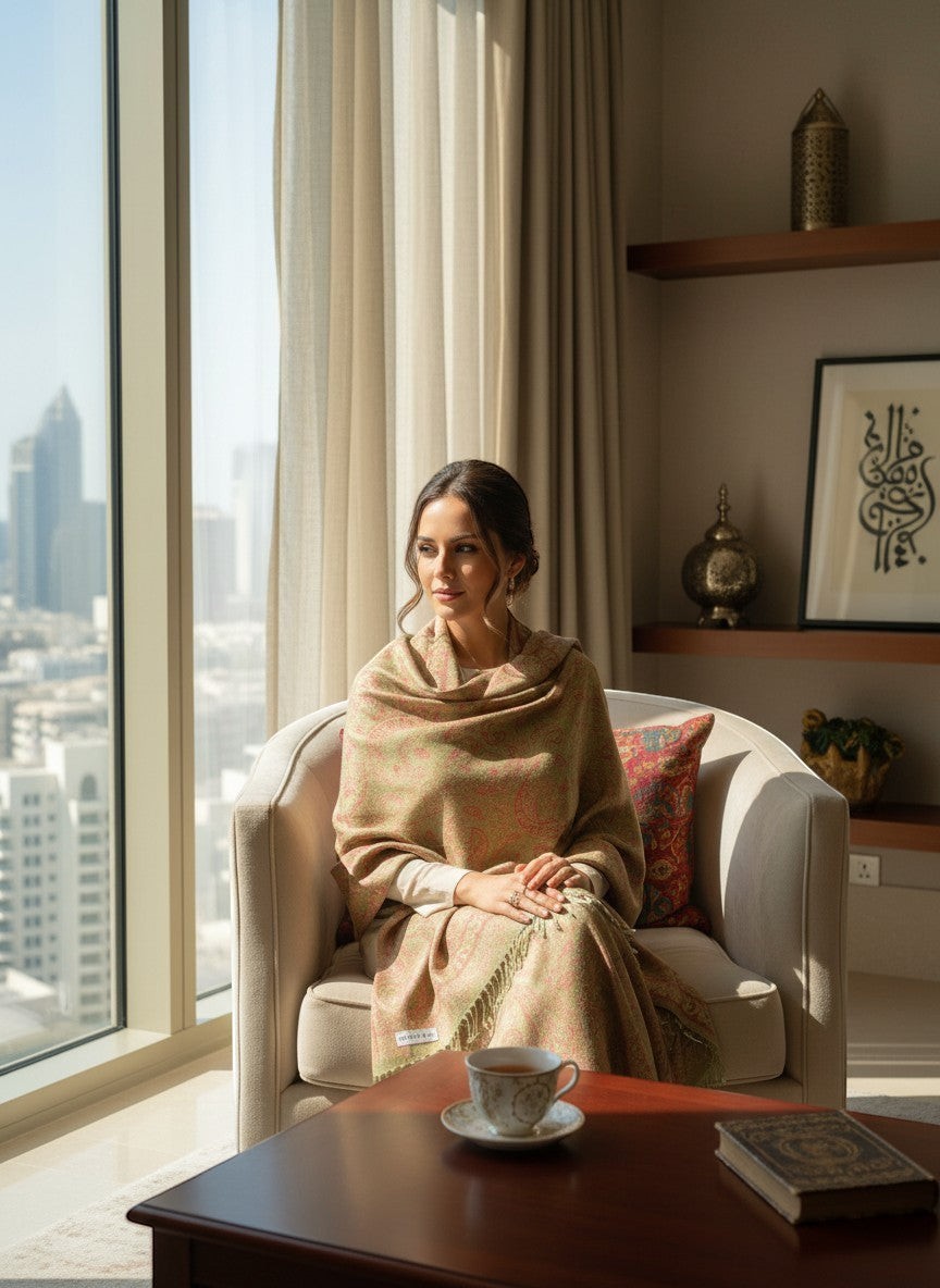 Noori Couture peridot handwoven pure silk shawl with paisley pattern draped over a woman sitting in a chair.