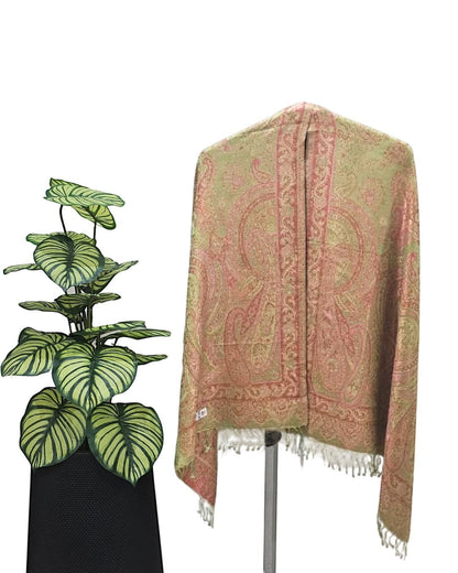 Noori Couture peridot green and pink paisley pattern pure silk handwoven shawl with fringe detail.