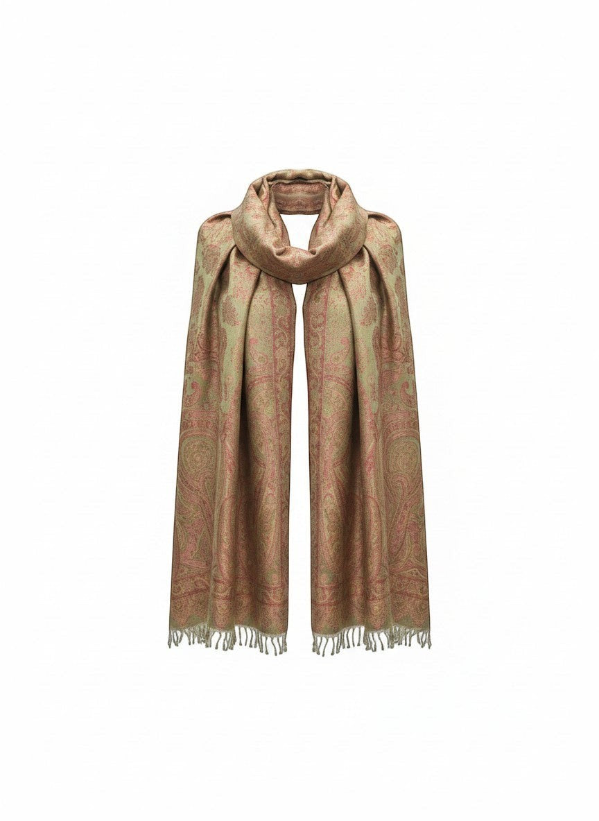 Noori Couture handwoven pure silk shawl in peridot green with pink paisley pattern and fringed edges.