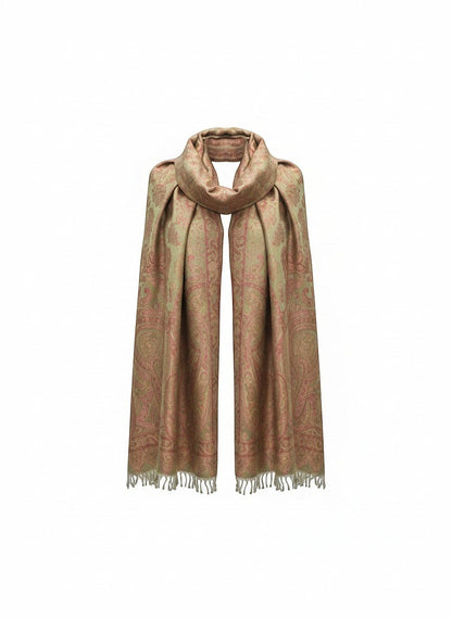 Noori Couture handwoven pure silk shawl in peridot green with pink paisley pattern and fringed edges.