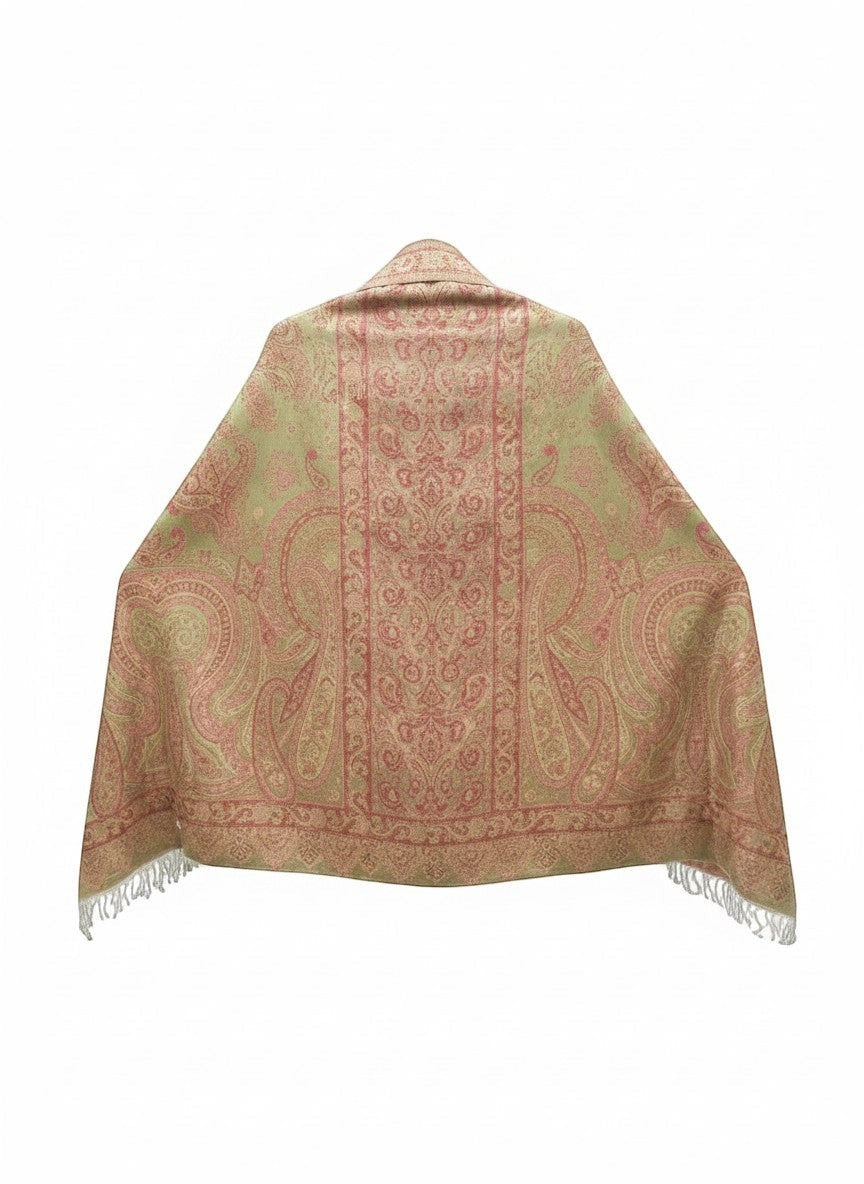 Noori Couture peridot green and pink paisley patterned pure silk handwoven shawl with fringe detail.