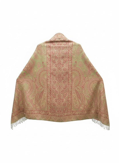 Noori Couture peridot green and pink paisley patterned pure silk handwoven shawl with fringe detail.