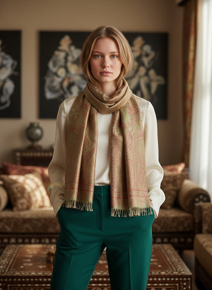 Noori Couture handwoven pure silk shawl in peridot green with paisley pattern and fringed edges, worn by a model.