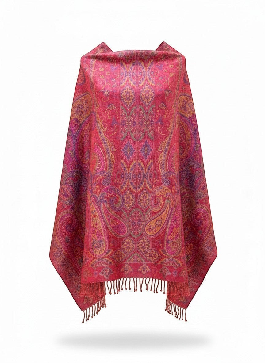 Noori Couture pink mulberry silk shawl with intricate paisley patterns in purple, gold, and blue, featuring fringe detailing.