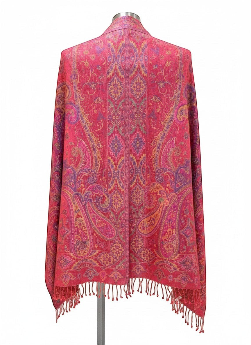 Noori Couture pink mulberry silk shawl with intricate paisley patterns in purple, gold, and blue, featuring fringe detailing.