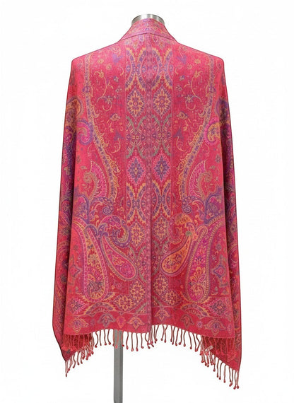 Noori Couture pink mulberry silk shawl with intricate paisley patterns in purple, gold, and blue, featuring fringe detailing.