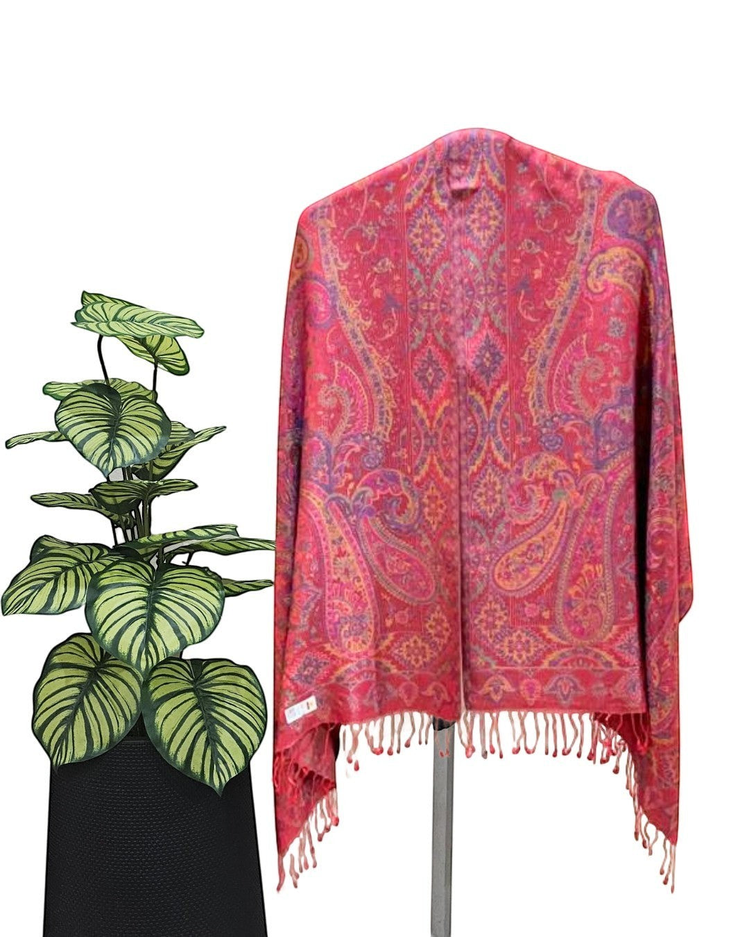 Noori Couture pink mulberry silk shawl with purple, gold, and blue paisley pattern and fringe detail.