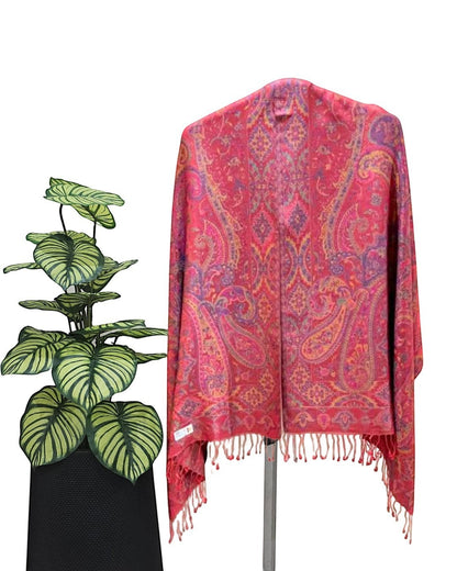 Noori Couture pink mulberry silk shawl with purple, gold, and blue paisley pattern and fringe detail.