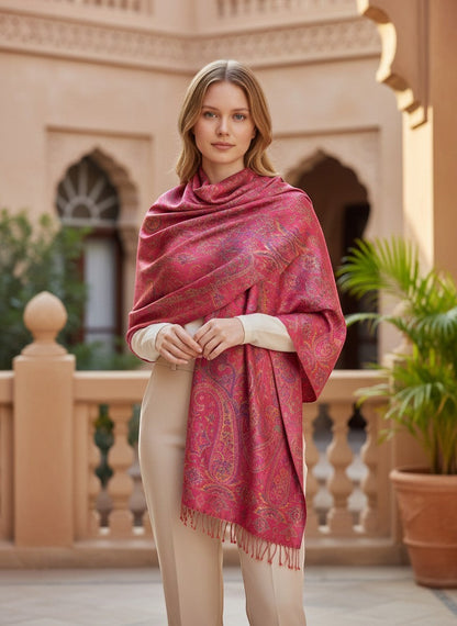 Noori Couture pink mulberry silk shawl with purple, gold, and blue paisley pattern and fringe detail.