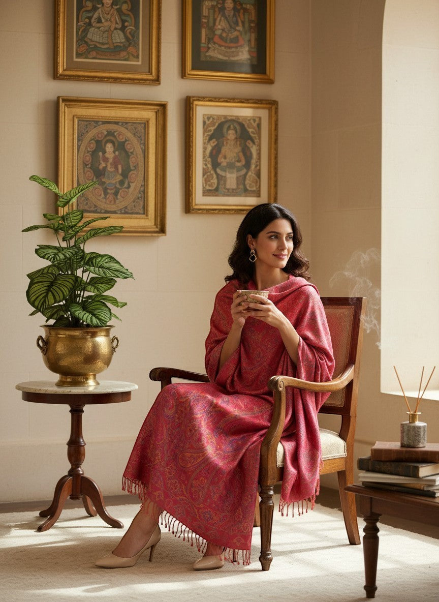 Noori Couture pink mulberry silk shawl with paisley pattern and fringe detail, worn by a woman sitting in a chair.