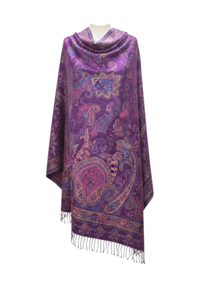 Noori Couture handwoven pure silk shawl in deep purple with intricate paisley patterns and fringed hem.