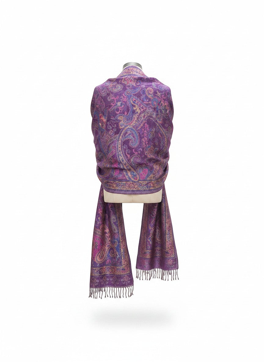 Noori Couture handwoven pure silk shawl in purple with intricate paisley patterns and fringed edges.