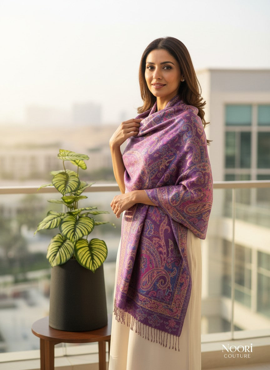 Noori Couture purple pure silk shawl with intricate paisley pattern and fringed edges, worn by a woman outdoors.