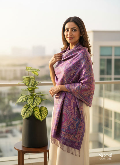 Noori Couture purple pure silk shawl with intricate paisley pattern and fringed edges, worn by a woman outdoors.
