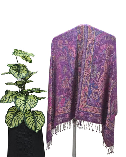 Noori Couture purple pure silk shawl with paisley pattern and fringe detail. Handwoven, soft, and luxurious.