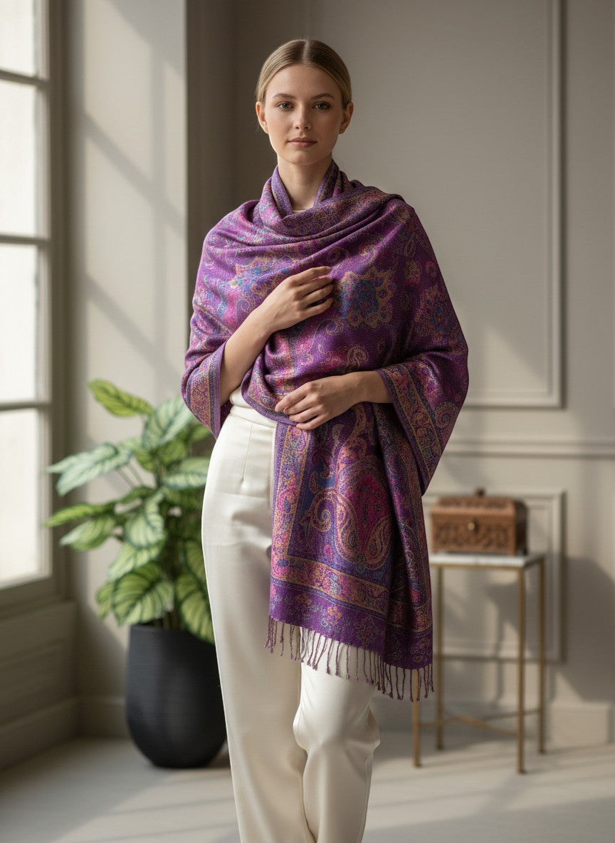 Noori Couture handwoven pure silk shawl in vibrant purple with intricate paisley patterns and fringed edges.