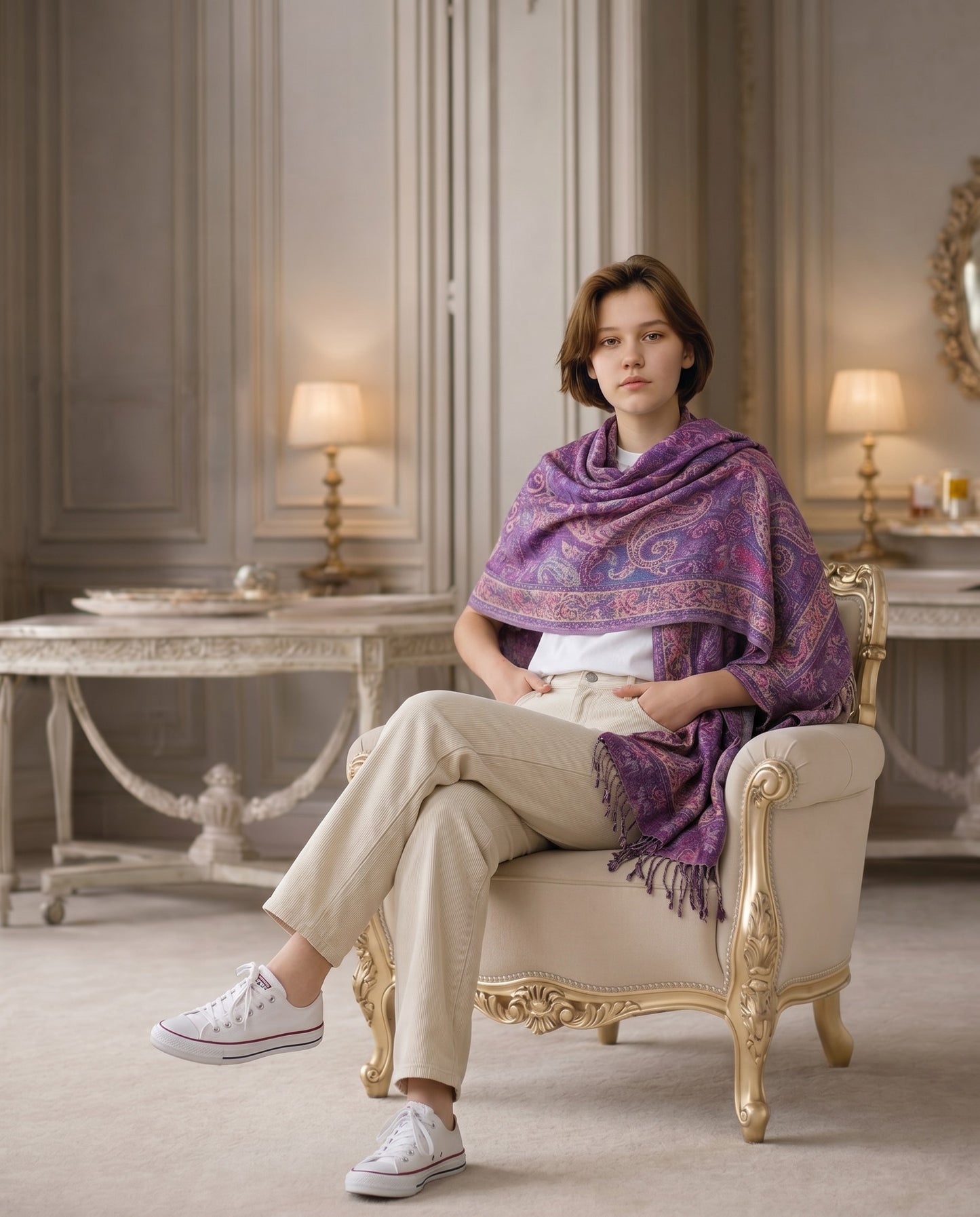 Noori Couture purple handwoven pure silk shawl with paisley pattern and fringe detail.