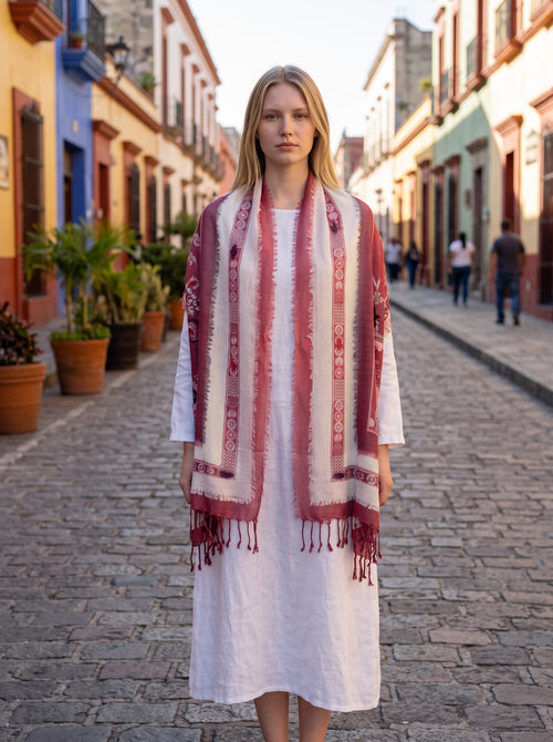 Noori Couture red embroidered merino wool shawl worn by a woman on a cobblestone street in a colorful town
