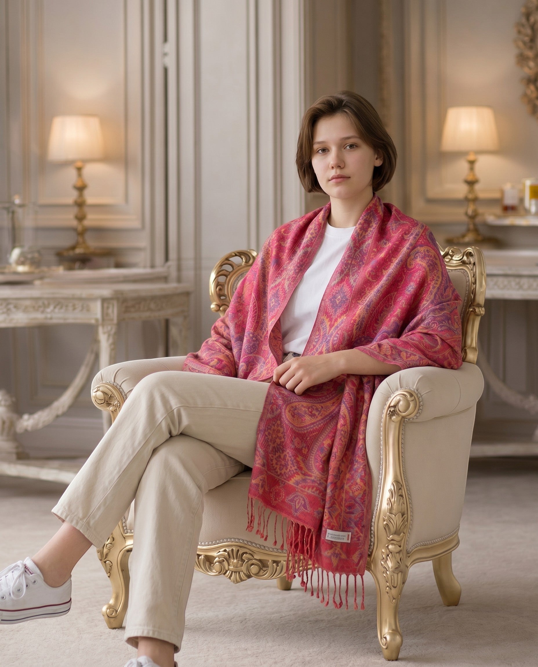 Noori Couture red pure silk shawl with intricate paisley pattern and fringe detail. Handwoven luxury accessory.