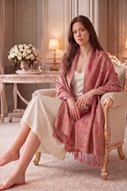 Noori Couture handwoven rose pink pure mulberry silk shawl with intricate patterns draped over a woman in a chair.