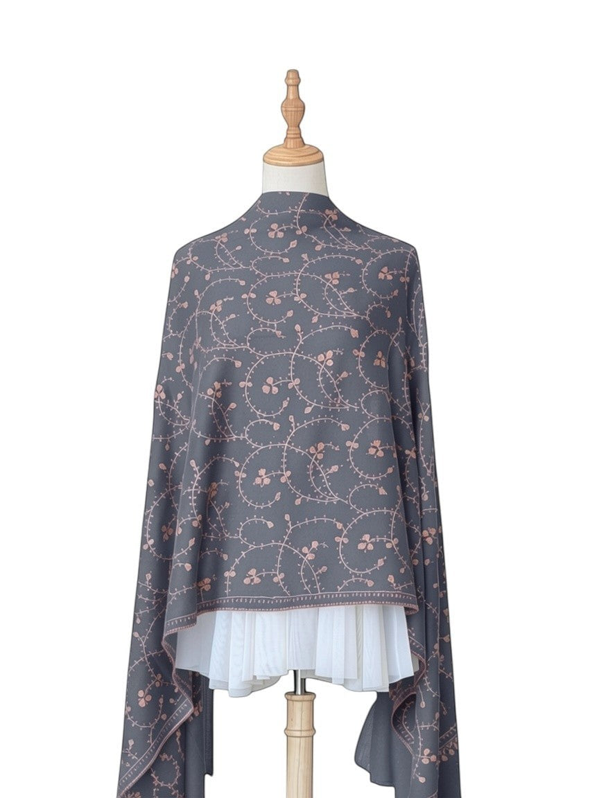 Noori Couture royal blue handwoven shawl with intricate Sozni Jali embroidery in a delicate floral vine pattern.