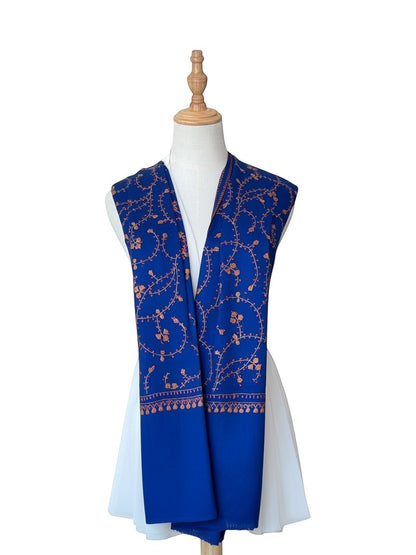 Noori Couture royal blue handwoven shawl with intricate Sozni Jali embroidery and delicate border detail.