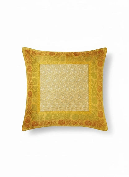 Noori Couture Royal Cushion Case in cream and gold. Textured fabric with woven central panel and ornate floral border.