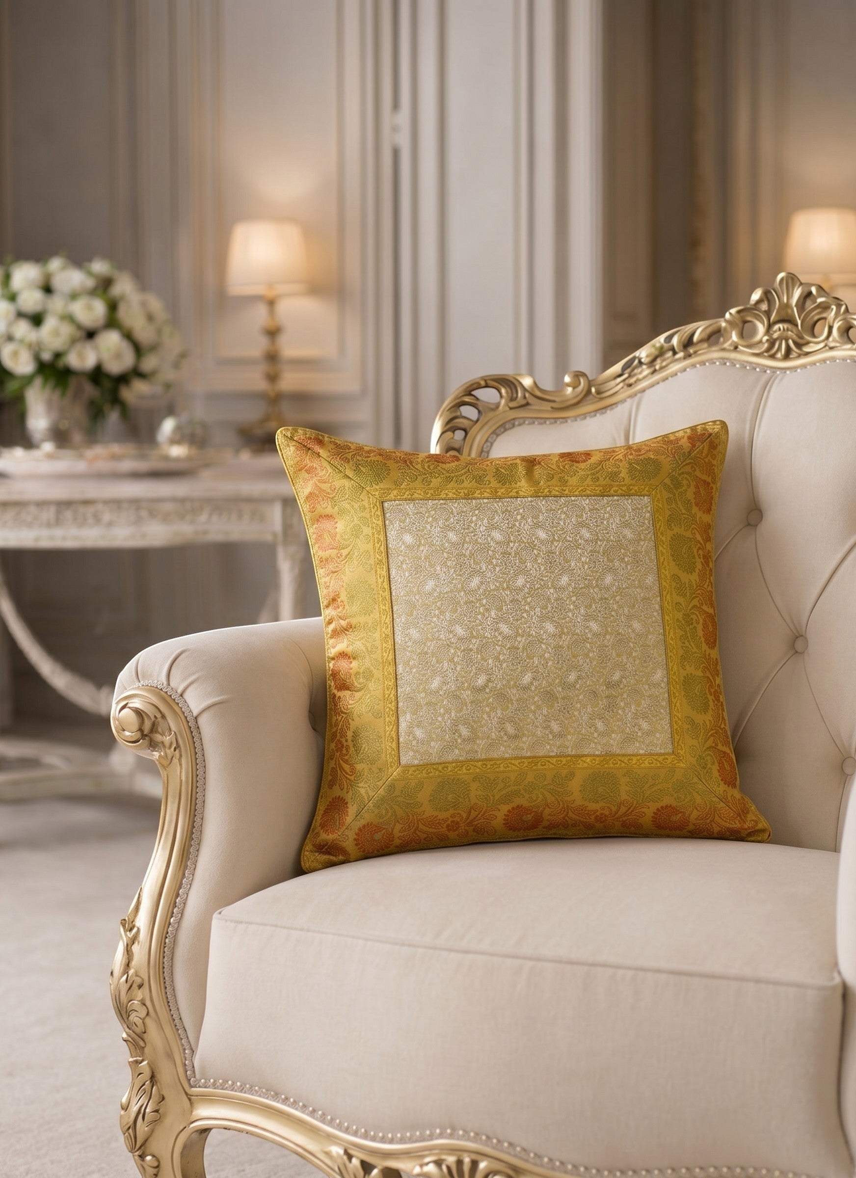 Noori Couture Royal Cushion Case in cream and gold, featuring a textured fabric with intricate woven patterns and ornate floral borders.
