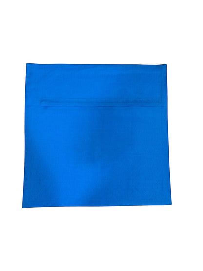 Noori Couture Royal Cushion Cover in vibrant blue jacquard fabric with damask pattern and gold cord trim.