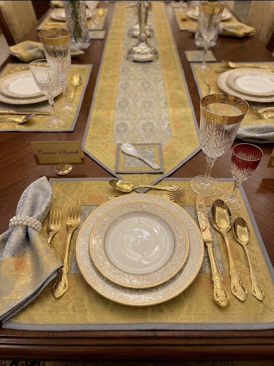 Noori Couture Limited Edition Royal Dining Set: 13-piece gold & silver damask runner, placemats & coasters.