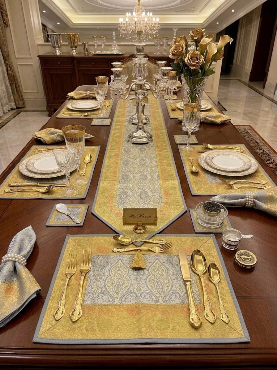 Noori Couture Limited Edition Royal Dining Set: 13-piece luxury table runner, placemats & coasters with gold and silver damask pattern.