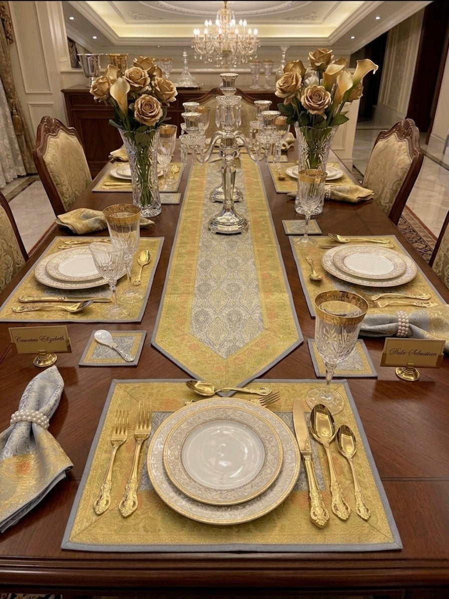 Noori Couture Limited Edition Royal Dining Set: 13-piece gold & silver damask runner, placemats & coasters.