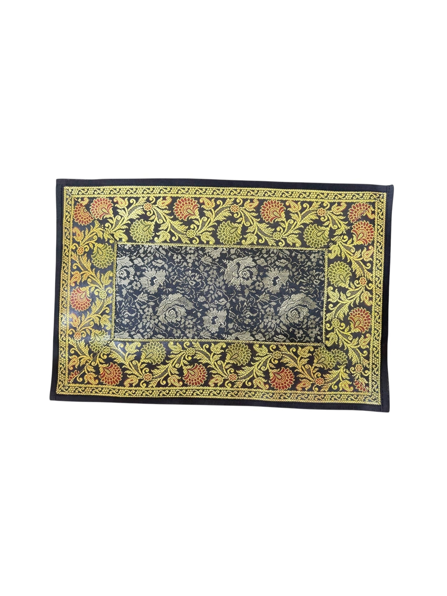 Noori Couture Royal Dining Set placemat with ornate gold floral pattern on navy blue fabric.