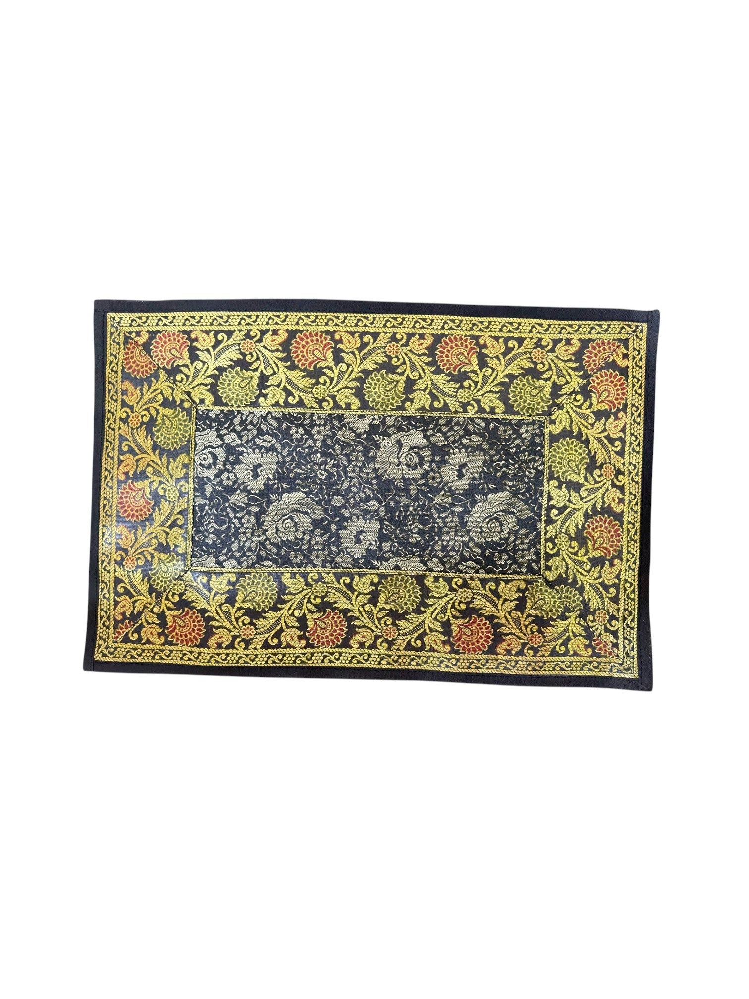 Noori Couture Royal Dining Set placemat with ornate gold floral pattern on navy blue fabric.