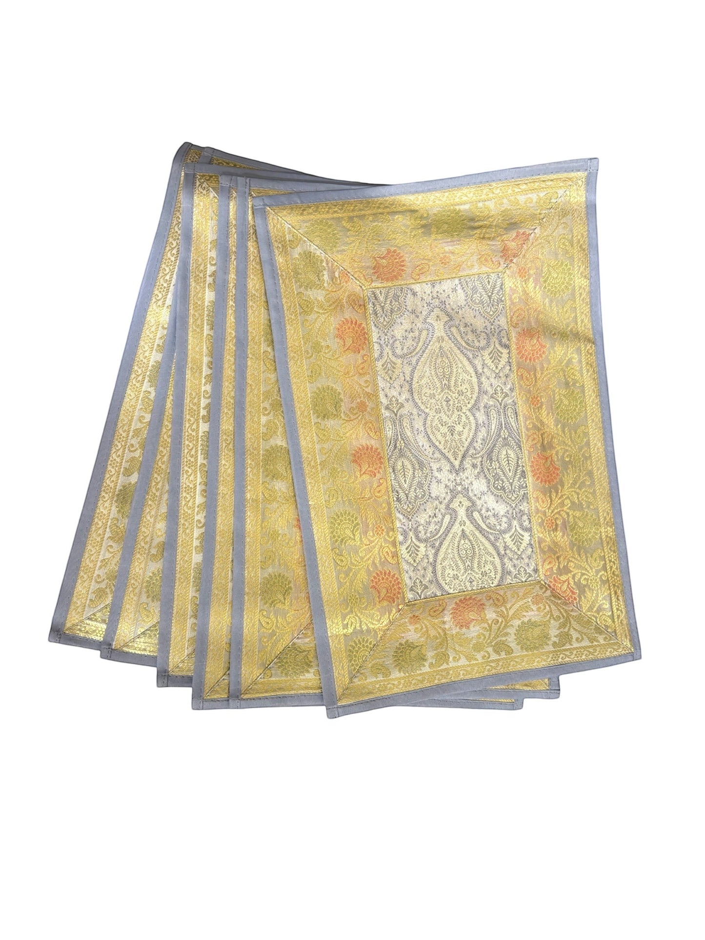 Noori Couture Limited Edition Royal Dining Set: 13-piece set with gold, silver, and grey damask pattern woven placemats and coasters.