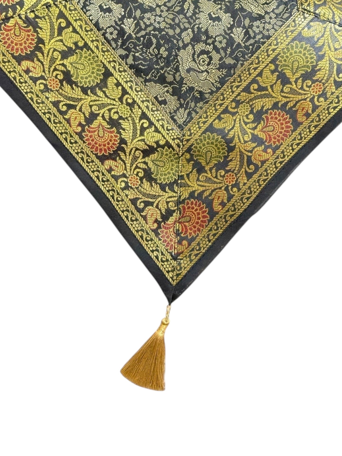 Noori Couture Royal Dining Set: 13-piece table runner with gold floral pattern, red, green, gold accents, and gold tassel. Fabric blend.