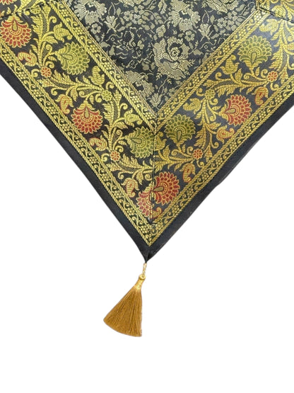 Noori Couture Royal Dining Set: 13-piece table runner with gold floral pattern, red, green, gold accents, and gold tassel. Fabric blend.