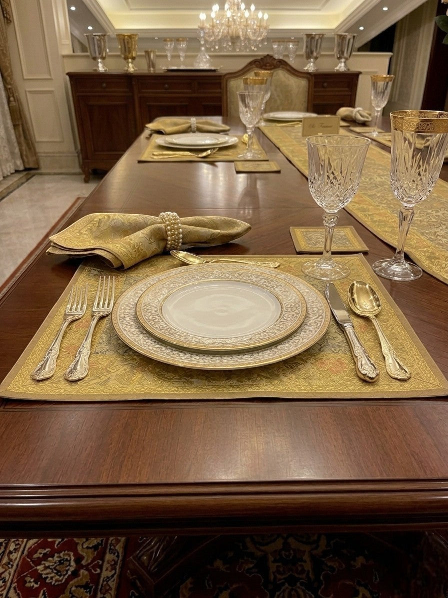 Noori Couture 13-piece Royal Zari dining set with gold paisley Tanchoi weaving, floral zari borders, and tassels on silk fabric.