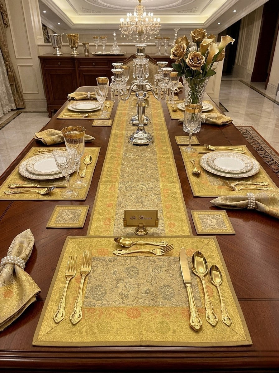 Noori Couture Limited Edition Royal Zari 13-piece dining set with table runner, placemats, and coasters in gold and tan.