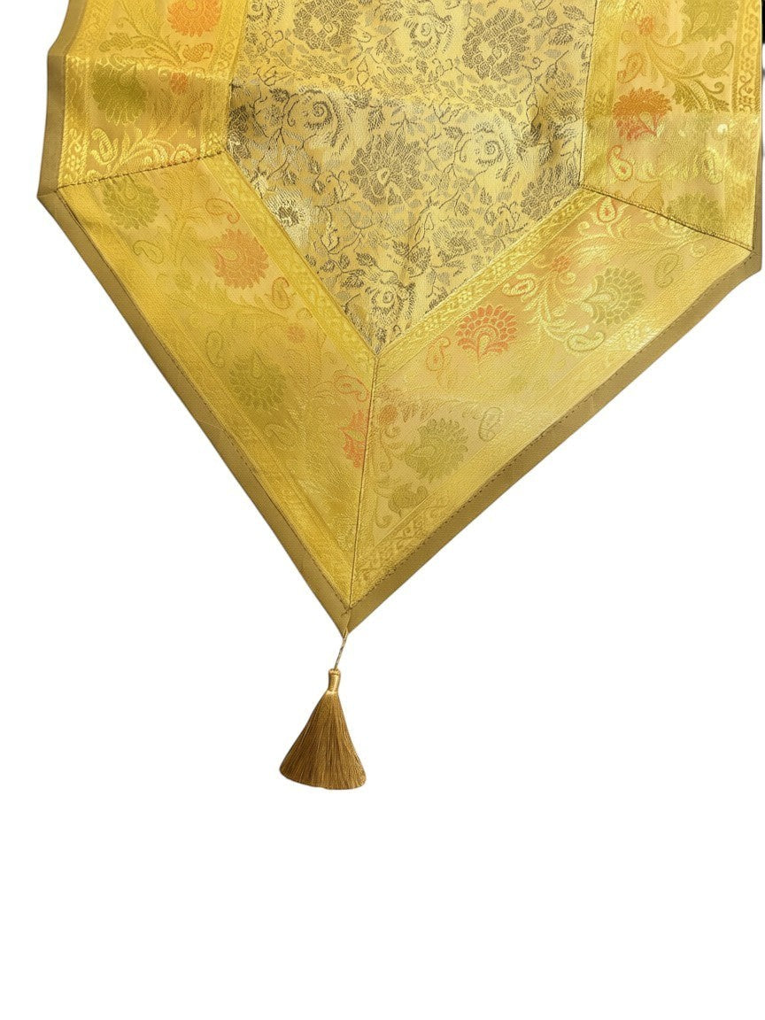 Noori Couture Limited Edition Royal Zari Dining Set table runner in gold with paisley Tanchoi weave and tassel.