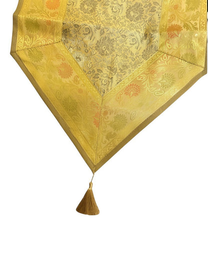 Noori Couture Limited Edition Royal Zari Dining Set table runner in gold with paisley Tanchoi weave and tassel.