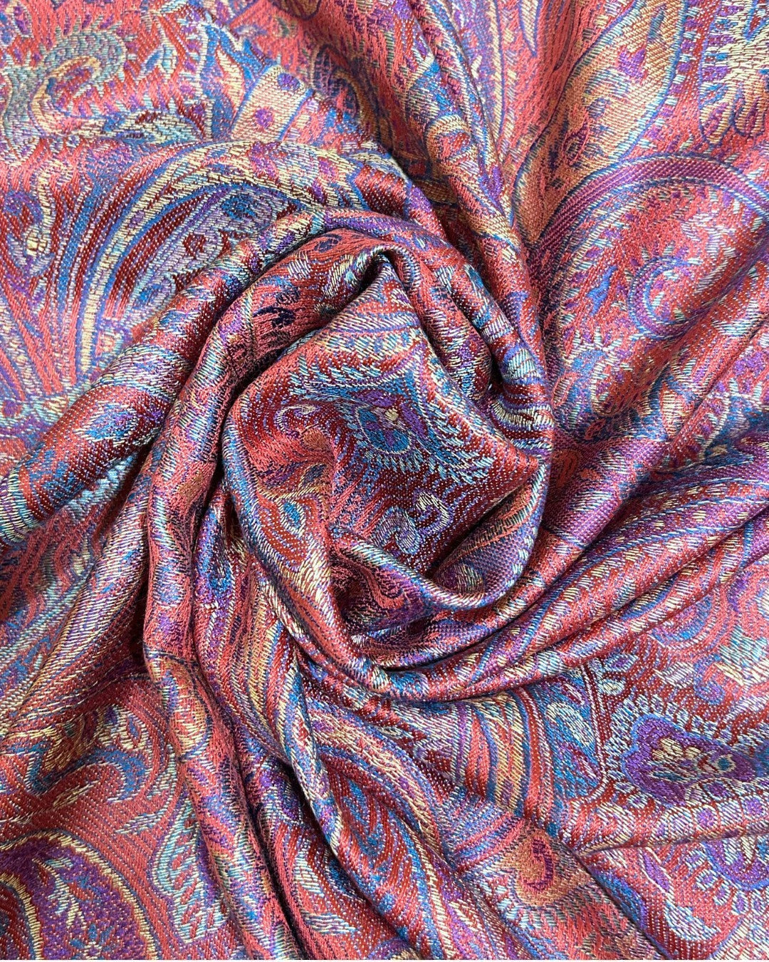 Noori Couture ruby red and blue paisley pattern pure silk handwoven shawl. Luxurious and elegant.