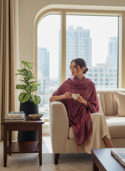 Noori Couture ruby red pure silk shawl with paisley pattern, draped by a woman holding a teacup.