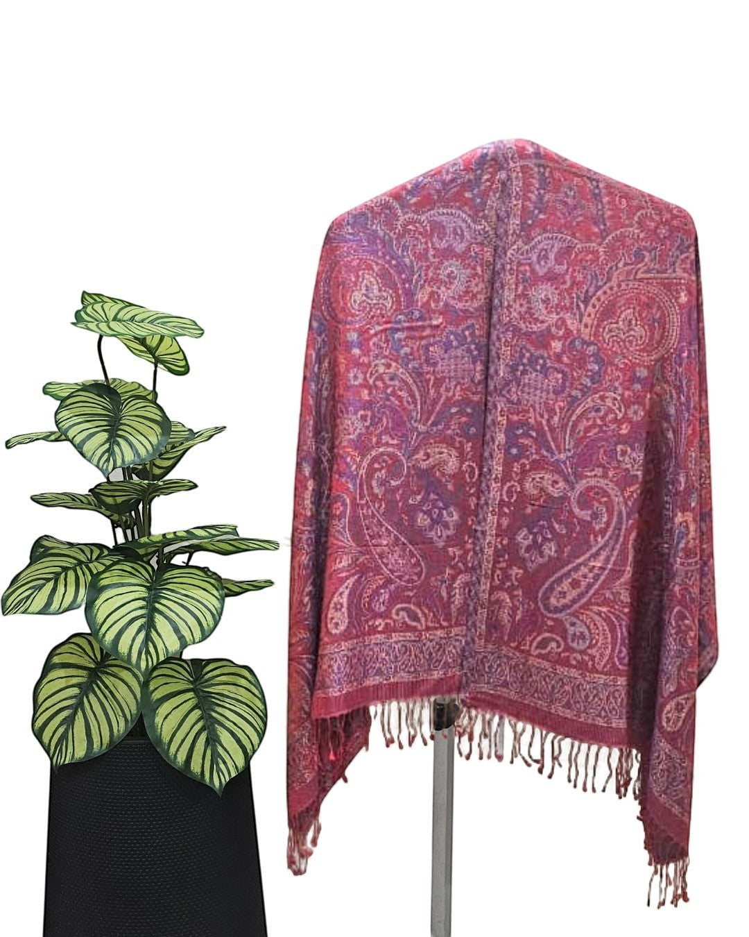 Noori Couture ruby red and purple paisley pattern pure silk shawl with fringe detail.