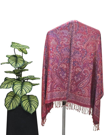 Noori Couture ruby red and purple paisley pattern pure silk shawl with fringe detail.
