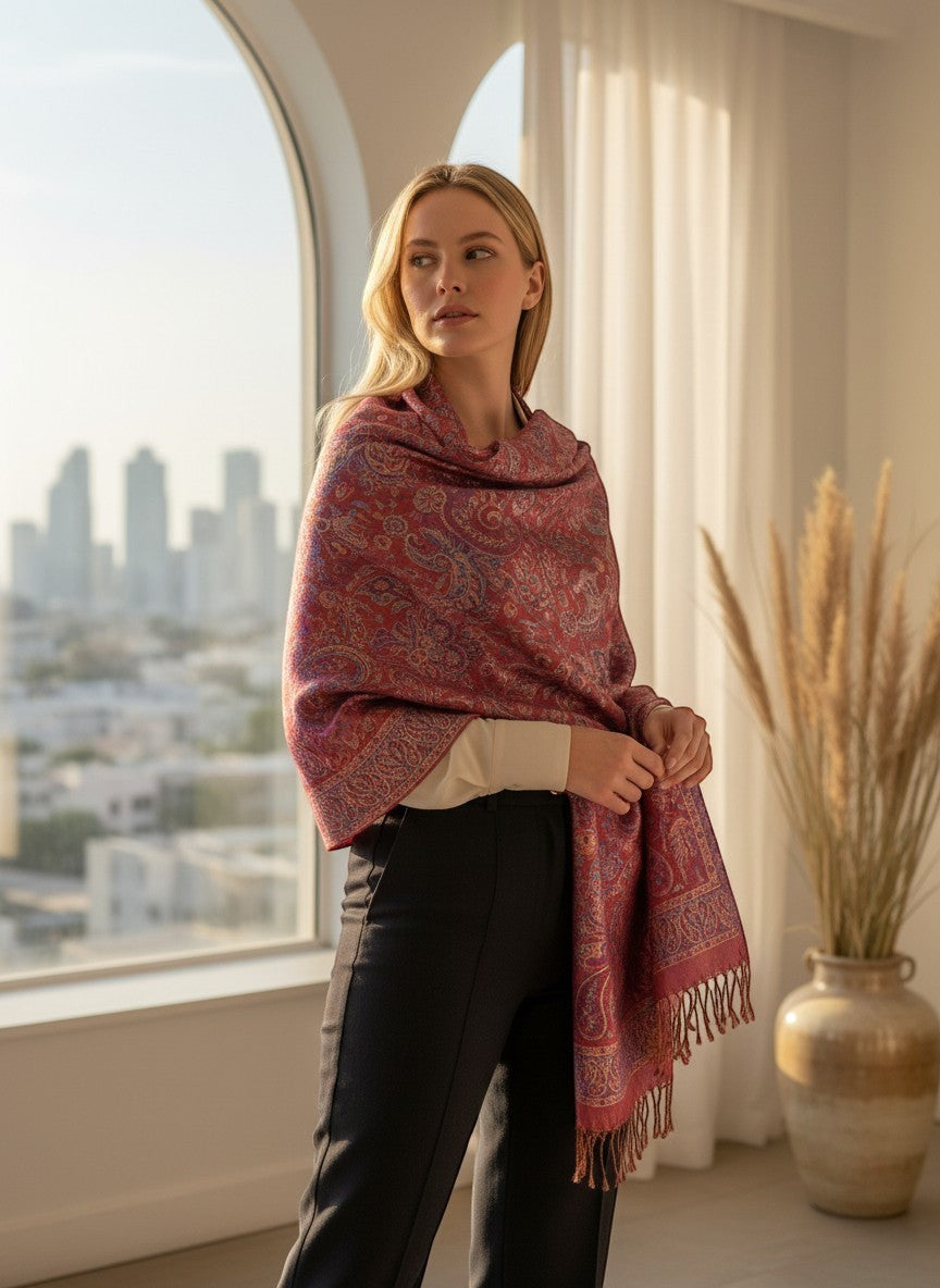 Noori Couture ruby red pure silk shawl with intricate paisley pattern and fringed edges, worn by a woman.
