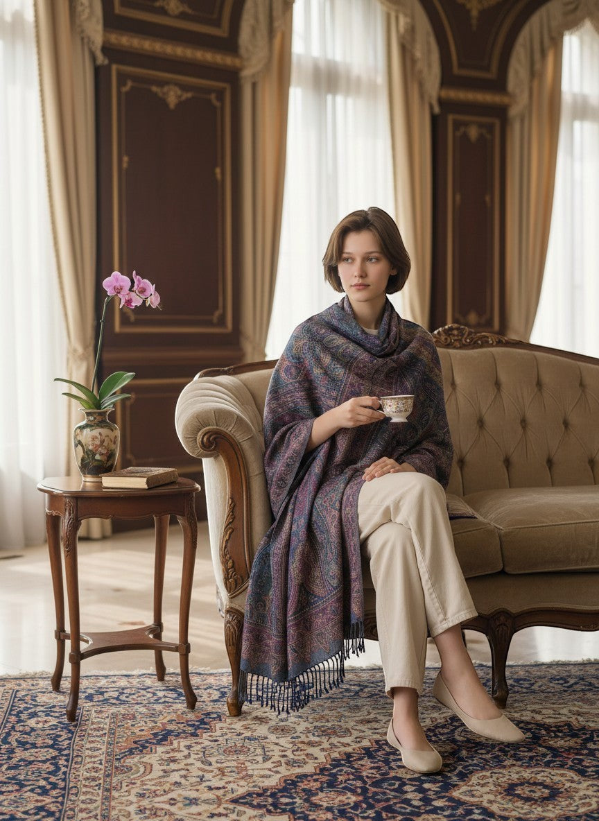 Noori Couture handwoven pure silk shawl in deep blue and purple with intricate paisley patterns and fringed hem. Model sits on a sofa holding a teacup.