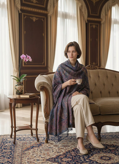 Noori Couture handwoven pure silk shawl in deep blue and purple with intricate paisley patterns and fringed hem. Model sits on a sofa holding a teacup.