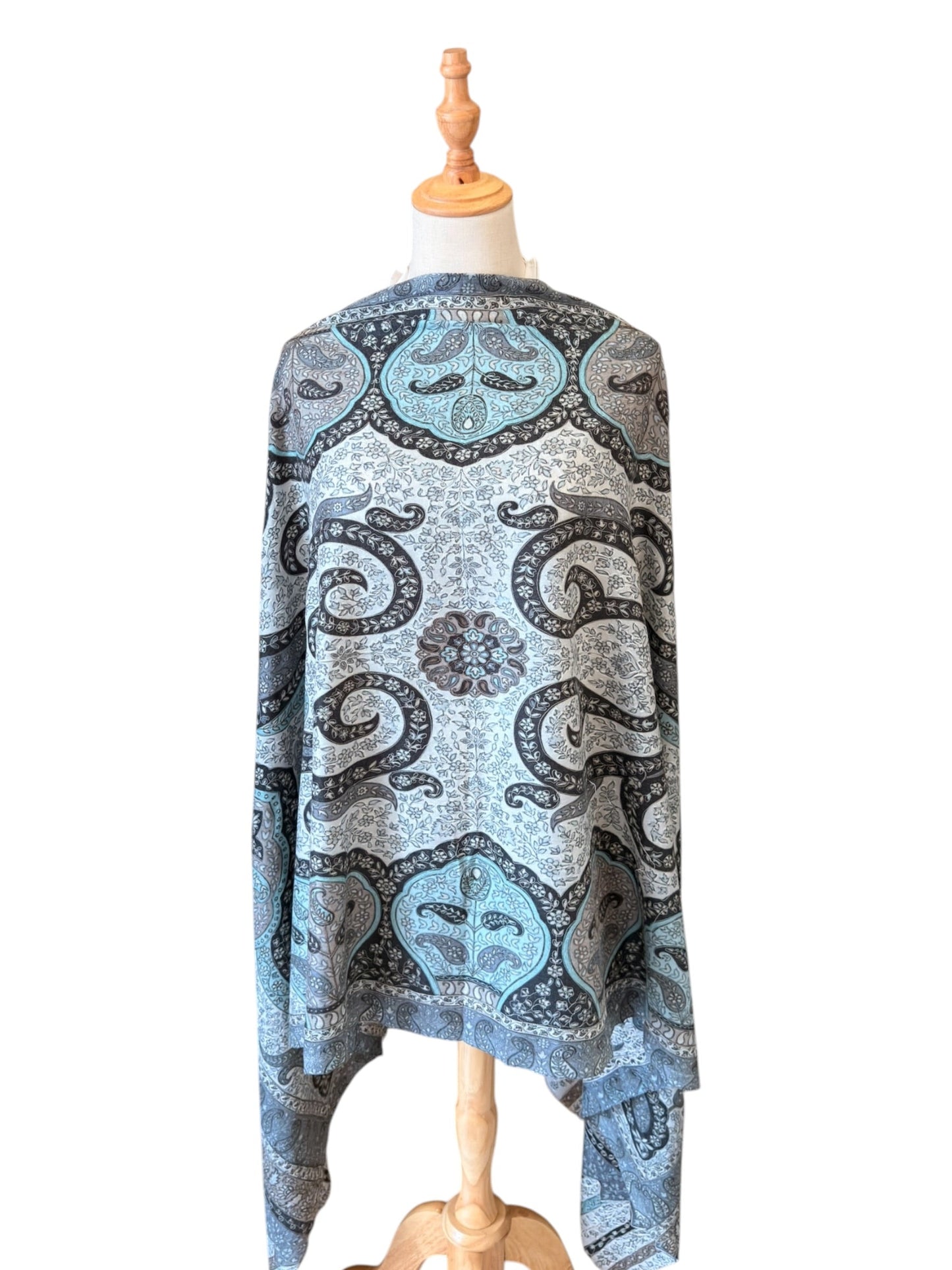 Noori Couture silver blue handwoven merino wool shawl with intricate hand-painted Kalamkari motifs and silk embroidery.